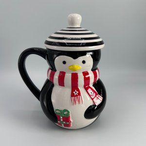 Pure Passion Lidded Penguin Wearing Scarf Black White Coffee Mug Christmas